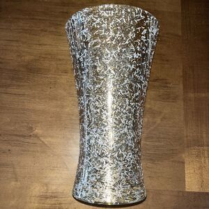 Mid-Century Modern glass spatter painted vase gold & white on clear 1950s